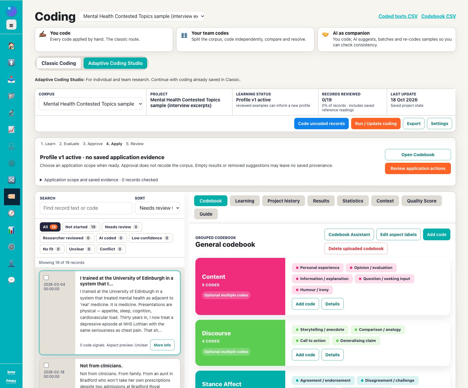 Adaptive Coding Studio with the built-in interview sample and grouped codebook