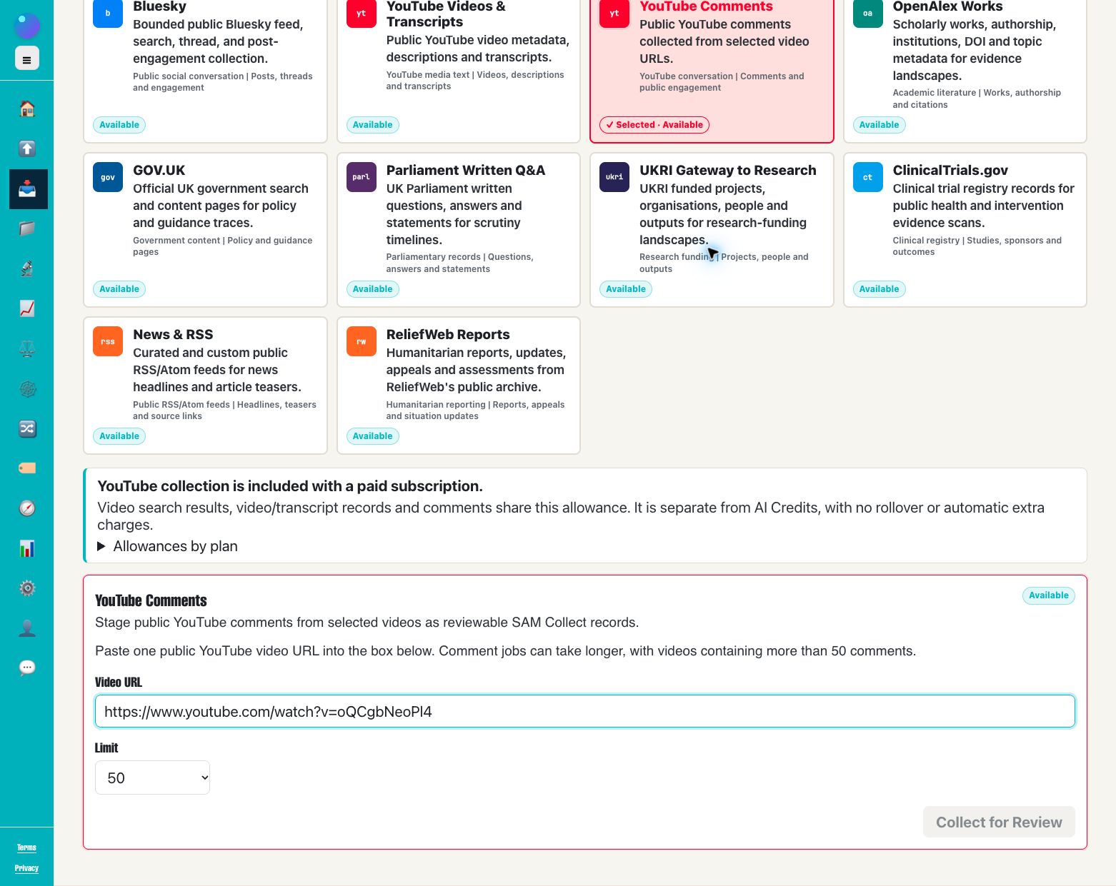 SAM Collect / YouTube Comments configuration, inspected 18 October 2026. This screenshot shows setup; no new collection was run for this guide.