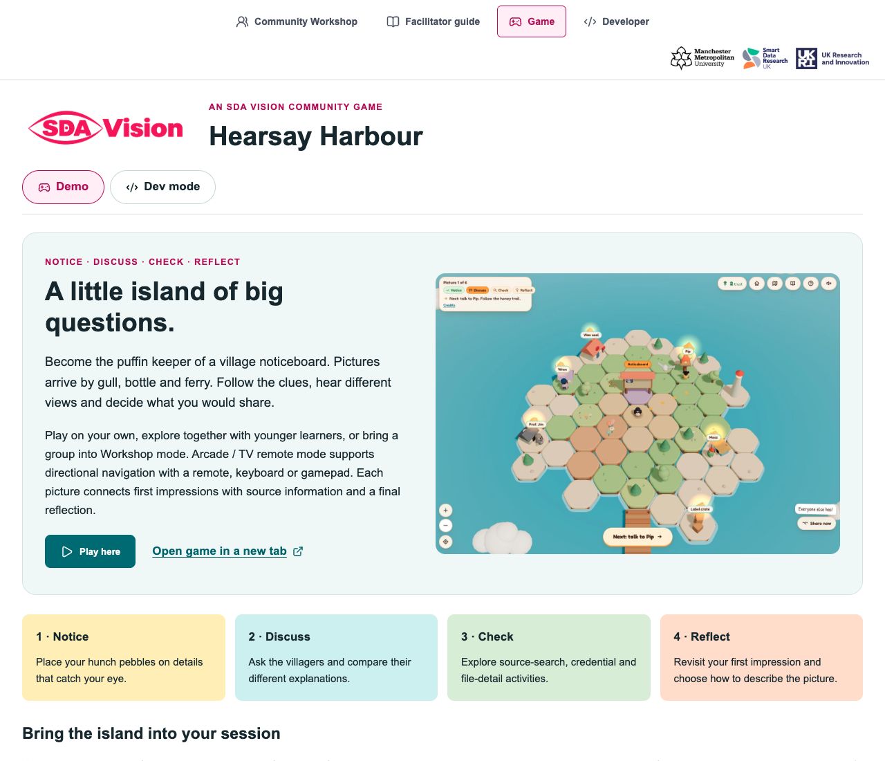 Hearsay Harbour page showing the island game and four activities for exploring pictures.