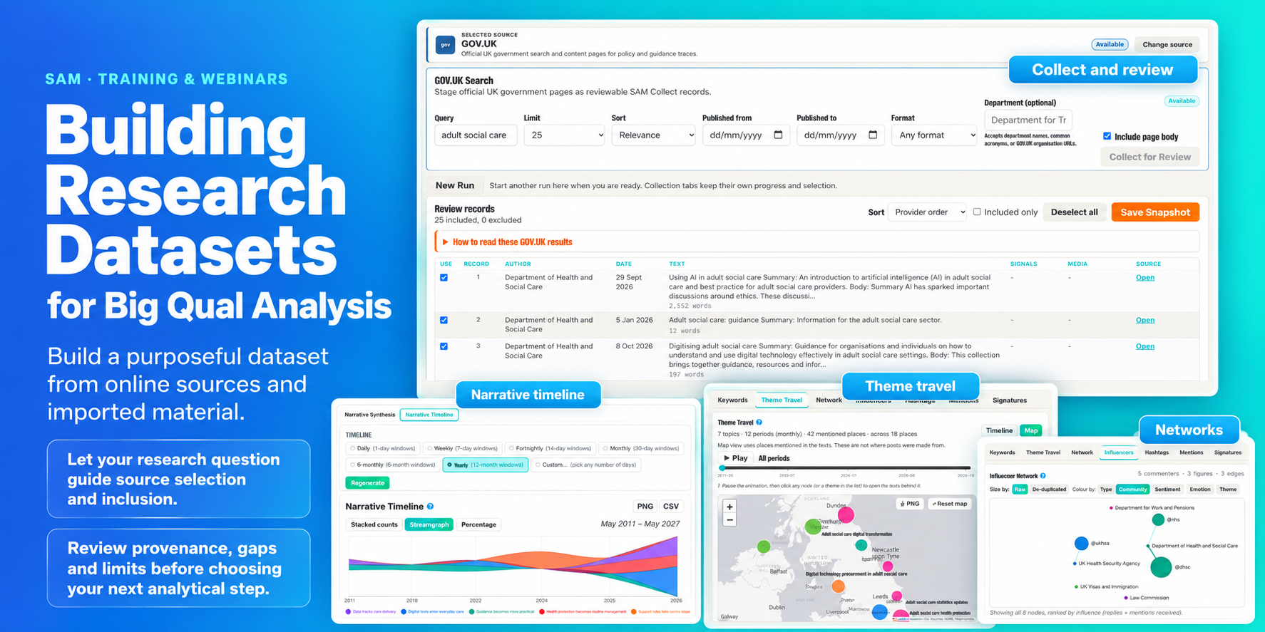 Building Research Datasets for Big Qual Analysis: GOV.UK collection and review with narrative timeline, theme travel and network examples