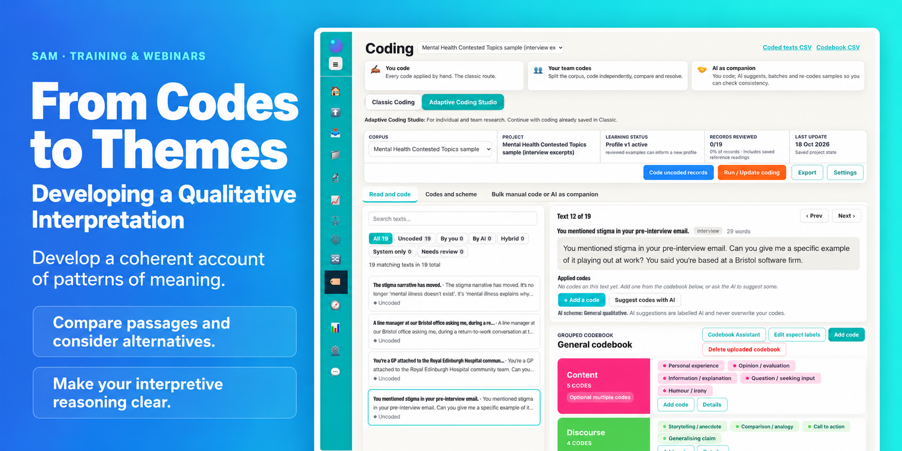 SAM training: codes to themes with source screenshots