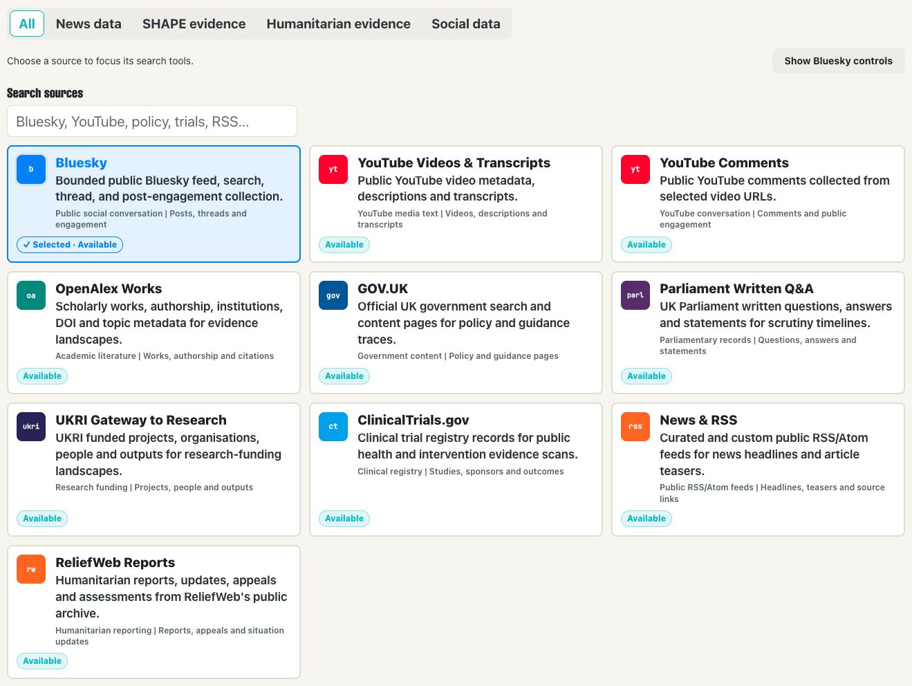 SAM Collect full source catalogue with All selected, showing social, research, government, news and humanitarian sources