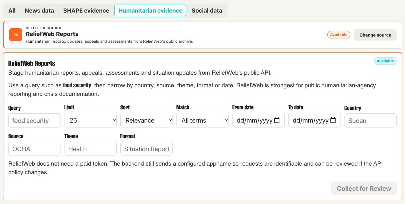 SAM Collect Humanitarian evidence tab with ReliefWeb query, country, source, theme, format and date controls