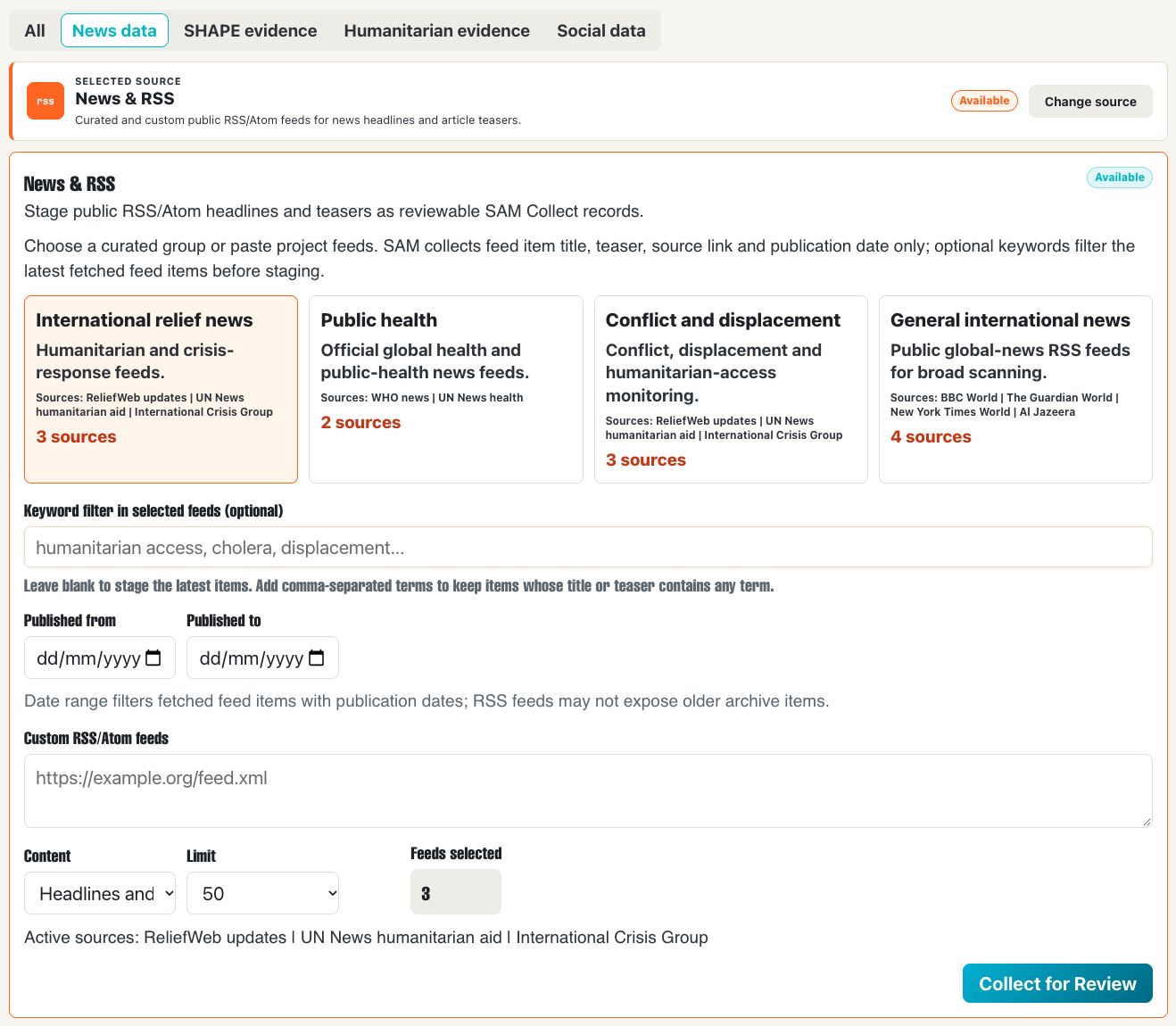 SAM Collect News data tab with curated news groups, keyword and date filters, and custom RSS feed controls