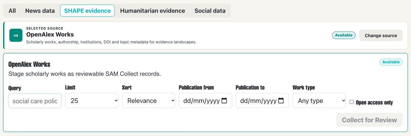 SAM Collect SHAPE evidence tab with the OpenAlex Works query, date, work type and open-access controls