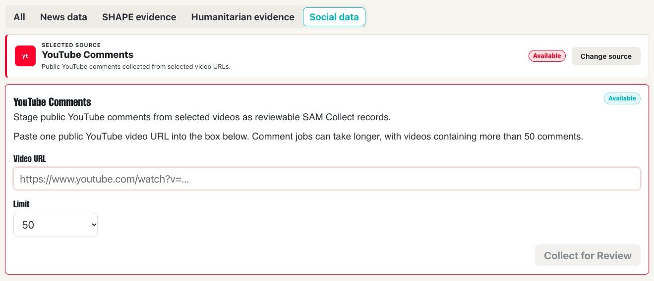 SAM Collect Social data tab with the YouTube Comments video URL and comment limit controls