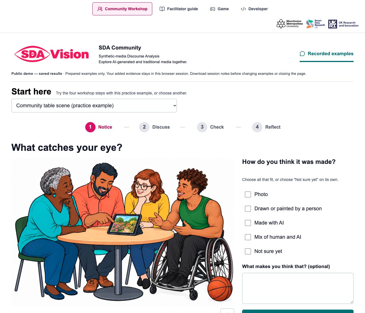 SDA Vision community workshop showing a prepared illustration and the Notice, Discuss, Check and Reflect steps.
